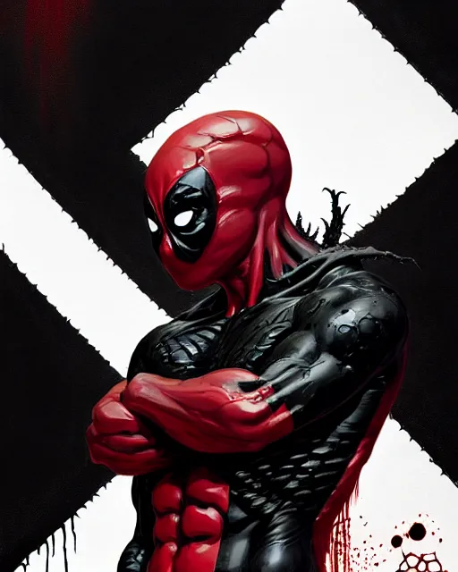 Image similar to highly detailed closeup portrait of a mutated venom symbiote in deadpool suit with carnages face, wearing black hoodie by atey ghailan, by greg rutkowski, by greg tocchini, by james gilleard, by joe fenton, by kaethe butcher, red, black, crimson and white color scheme, grunge!! graffiti tag wall