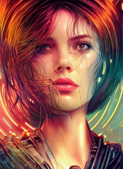 Image similar to beautiful young woman, gorgeous face, sad eyes, tears, bladerunner city landscape, cybernetic, wires, technology, vaporwave aesthetic, synthwave, cyberpunk, colorful, intricate, elegant, highly detailed, digital painting, artstation, concept art, smooth, sharp focus, illustration, art by artgerm and greg rutkowski and alphonse mucha