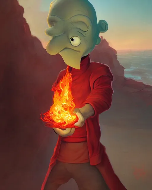 Prompt: wide shot, detailed photorealistic ( cartoony ) face, squidward, wearing fire nation clothing and practicing firebending outside at susnset, [ greg rutkowski ]