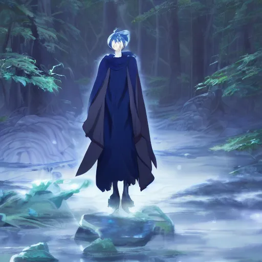 Prompt: concept art painting of an anthropomorphic anime style white raven wearing dark blue robes, in the deep forest, realistic, detailed, cel shaded, in the style of makoto shinkai and greg rutkowski and james gurney