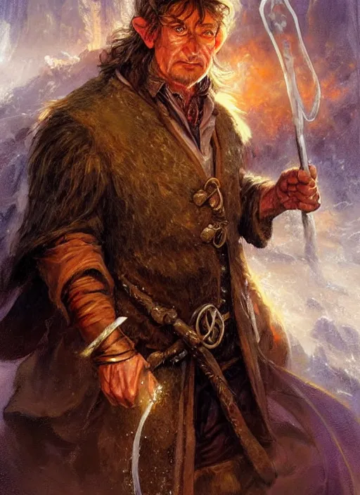 Image similar to a portrait painting of a mage hobbit, ultra detailed fantasy, dndbeyond, dnd character portrait, full body, pathfinder, pinterest, art by ralph horsley, karol bak, ed binkley