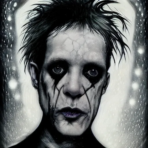 Image similar to stunning portrait of gaunt blixa bargeld a ( the cure fan ) as dream from sandman, dim stars as eyes, by jeremy mann, by cedric peyravernay, by by russ mills, by richard avedon and ben templesmith, dramatic lightning, sadness, dark eye sockets, in the shadows, punk rock, gothic, high detailed, 8 k