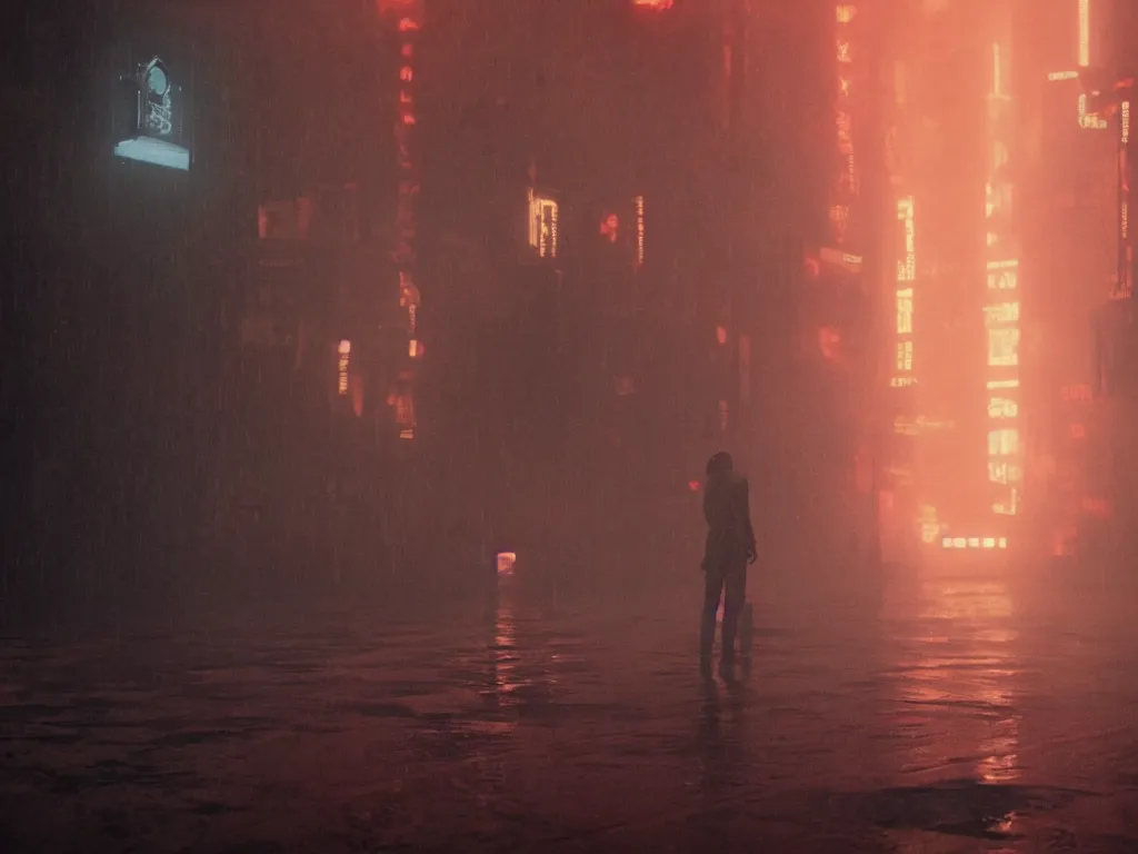 Image similar to Aaron Swartz in film still from Blade Runner 2049, beautiful lighting, raining, neon lights, cinematic depth, ultra-sharp details, imax post production, criterion collection, 8k