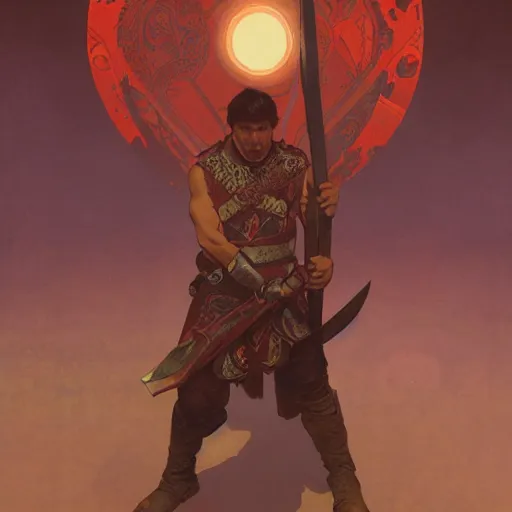 Prompt: Warrior wielding a greataxe under a red moon, digital art, art by Alphonse Mucha, Greg Rutkowski, Alex Ross, Artstation, 8K