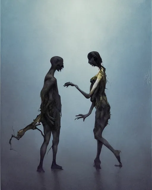 Prompt: Two dark figures dancing in the cold decayed factor in the style of Francis Bacon, Esao Andrews, Zdzisław Beksiński, Edward Hopper, painted by James Gilleard, surrealism, airbrush, very coherent, triadic color scheme, art by Takato Yamamoto and James Jean