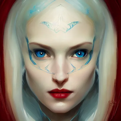 Image similar to A detailed matte oil on canvas head on symmetrical portrait of a beautiful elven woman with blue red eyes and red hair by greg rutkowski and Charlie bowater, trending on artstationhd, dungeons and dragons art critical role