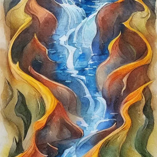 Image similar to water color on paper, elemental waterfall exhibiting all elements, highly detailed, artstation, masterpiece, award - winning,