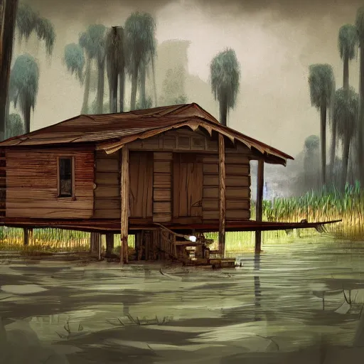 Prompt: digital concept art of old wooden cabin in florida swamp, trending on artstation