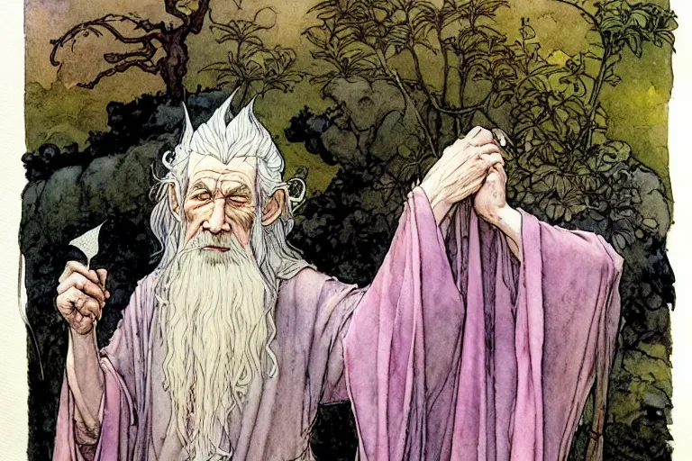 Image similar to a realistic and atmospheric watercolour fantasy character concept art portrait of gandalf with pink eyes lying on his back looking happy and confused with a pot leaf nearby, by rebecca guay, michael kaluta, charles vess and jean moebius giraud