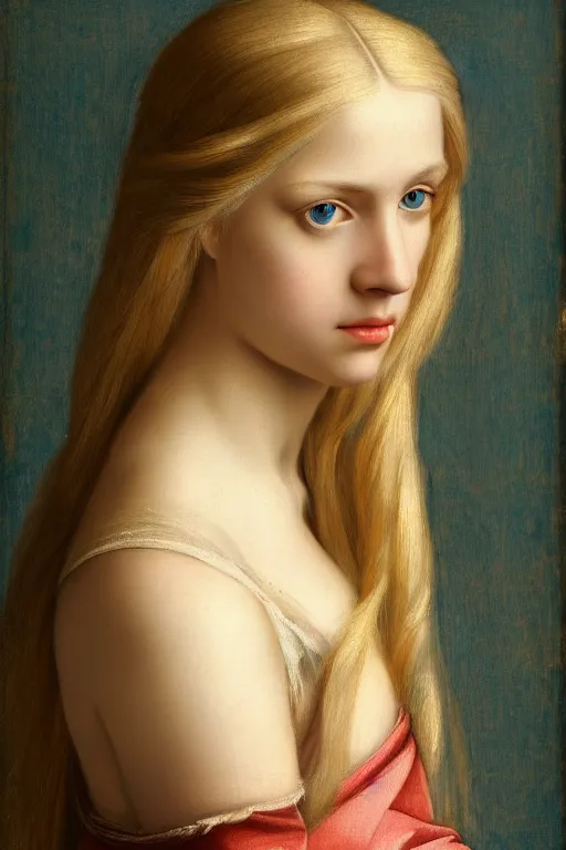 Prompt: portrait of a young pretty blonde girl with a long hair, elegant, photorealistic, sharp focus, Renaissance style, filling light,