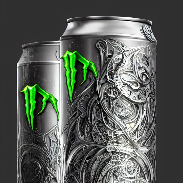 Image similar to aluminian can of monster energy drink, intricate and very very beautiful and elegant, highly detailed, digital painting, artstation, concept art, smooth and sharp focus, illustration