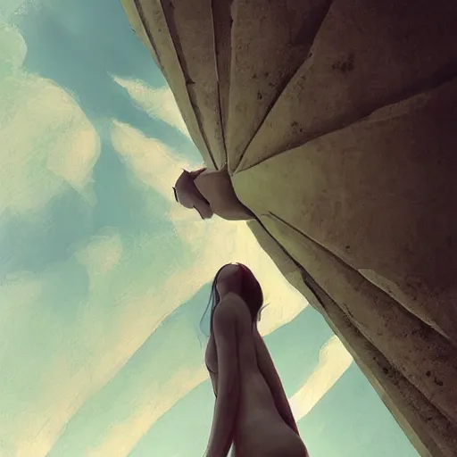 Prompt: perspection art by wlop : upwards perspective : giant girl