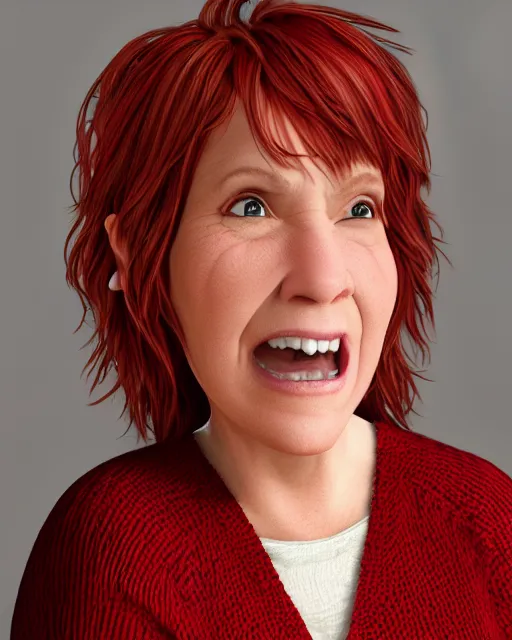 Image similar to portrait of happy short and plump 5 0 - year - old woman with red hair and, kind face, round face, short hair, wearing in cardigan, hyper realistic face, beautiful eyes, character art, art by mark brooks, hyperdetailed, cryengine, trending on artstation, digital art