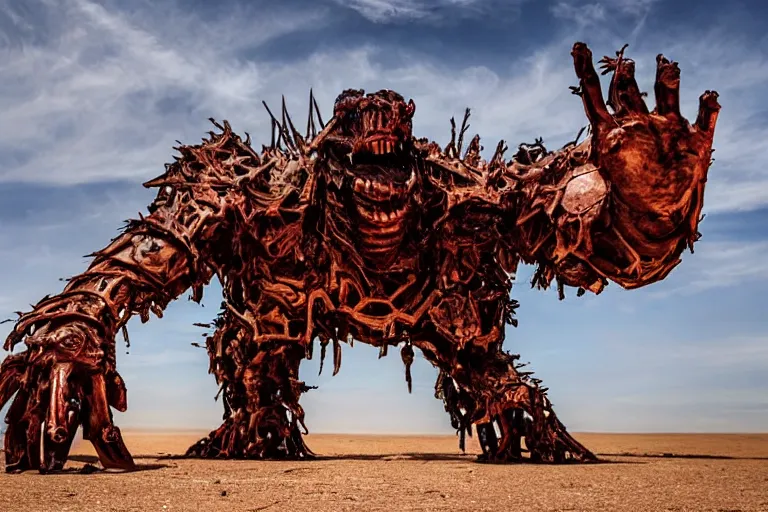 Image similar to a gigantic angry monster made of scrap metal with red eyes, standing in the desert, looking at camera, realism, photo realistic, high quality,