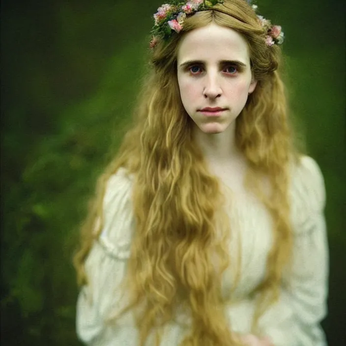 Prompt: Kodak Portra 400, 8K, warm and soft lighting, volumetric lighting, highly detailed, brit marling style 3/4 ,portrait photo of a beautiful woman how pre-Raphaelites painter, inspired by Julie Dillon , a beautiful lace dress and hair are intricate with highly detailed realistic beautiful flowers , Realistic, Refined, Highly Detailed, natural outdoor soft pastel lighting colors scheme,faded colors, outdoor fine art photography, Hyper realistic, photo realistic