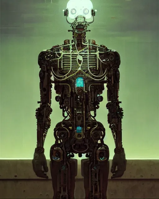 Prompt: intricate cyborg, sci - fi, glass torso, utopian, highly detailed realistic digital painting by simon stalenhag, beksinski, rutkowski, kinkade. award winning, masterpiece, dramatic bright lighting, clean, modern, wires, sharp focus