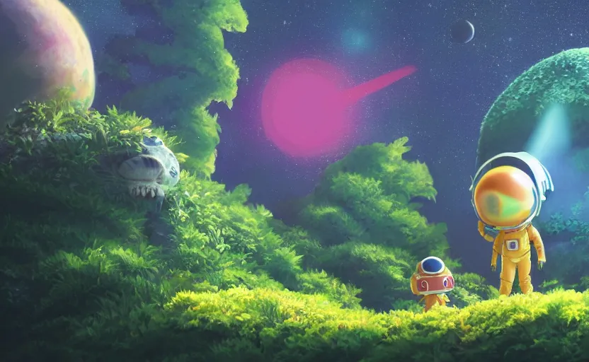 Image similar to a still of a cute adorable tiny astronaut, on a planet of lush colorful foliage, with an enormous kaiju dragon surrounding the full background, magical forest, sharp focus, neon backlit, highly detailed, disney pixar studio ghibli makoto shinkai, digital painting, matte, octane render, global illumination, iridescent, anime, 8 k concept art