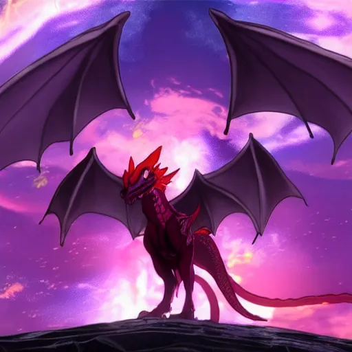 Prompt: dragon living in his dungeon with purple eyes and red wings and black body and breathes bright purple fire in a 4k makoto shinkai movie