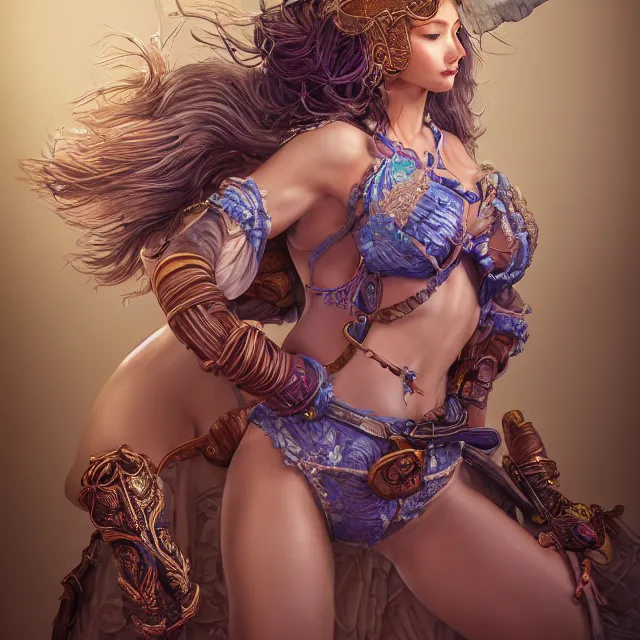 Image similar to studio portrait of neutral good colorful female cleric bard healer as absurdly beautiful, elegant, young sensual swimsuit model, ultrafine hyperrealistic detailed face illustration by kim jung gi, irakli nadar, intricate linework, sharp focus, bright colors, matte, octopath traveler, final fantasy, unreal engine highly rendered, global illumination, radiant light, intricate environment