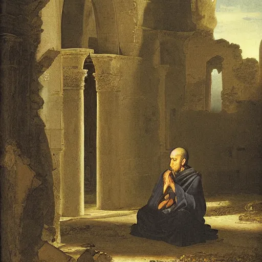 Prompt: Monk Seated in the Ruins of the Abbey by John Frederick Kensett