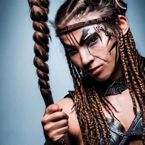 Prompt: Detailed photo of a female barbarian warrior with warpaint and braids wearing armor, CANON Eos C300, 15mm, very detailed, beautiful atmospheric lighting, studio photography