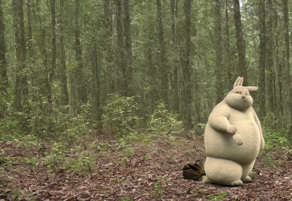 Image similar to a photo of big chungus sighting in a forest, a still from security footage, high definition