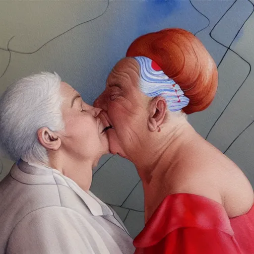 Prompt: a very funny stylize oil painting in modern style of a sweet fat old woman kissing her reflection. symmetry face, red mouth, blue eyes. flowery dress. hyper realistic scene. 3 d, octane render, deep focus, white scene. very funny and sweet image. unreal engine. watercolor. fellini style. klee style.