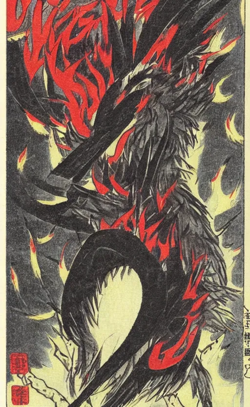 Prompt: by akio watanabe, manga art, portrait of tengu, flames, trading card front