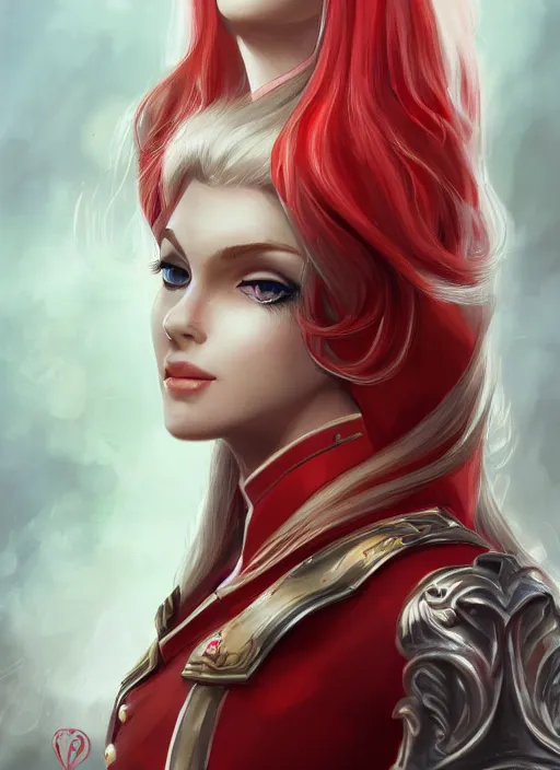 Image similar to a highly detailed illustration of beautiful long dirty blonde haired pale girl wearing red epaulette uniform, red eyes, dramatic smile pose, intricate, elegant, highly detailed, centered, digital painting, artstation, concept art, smooth, sharp focus, league of legends concept art, WLOP