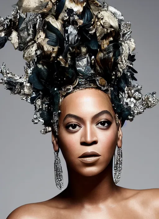 Image similar to photo of beyonce styled by nick knight posing, intricate headpiece, showstudio, face close up, canon, vogue magazine, 2 0 2 0, canon, highly realistic. high resolution. highly detailed. dramatic. 8 k. 4 k.