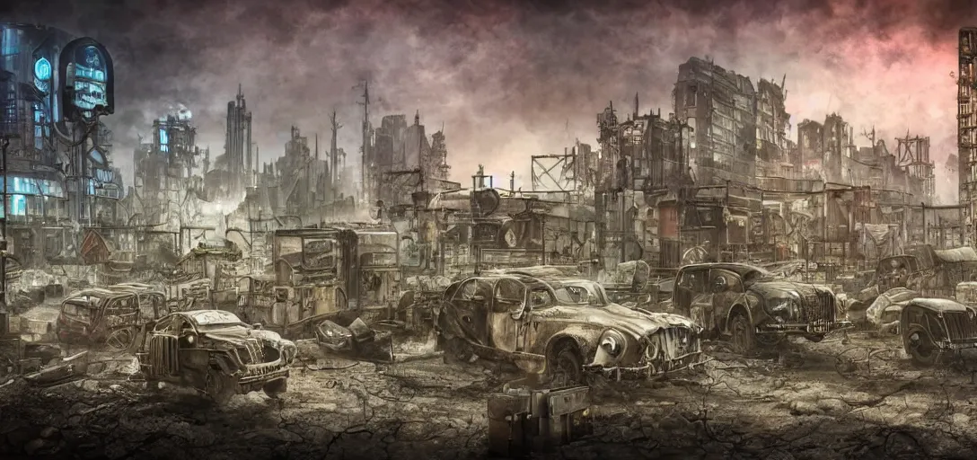 Image similar to post apocalyptic dieselpunk city , highly detailed, 4k, HDR, award-winning photo, glowave neon