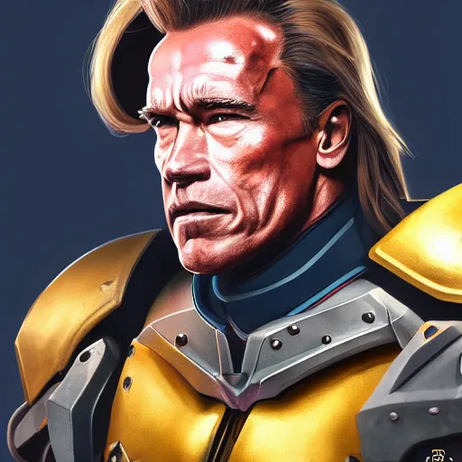 Image similar to a screenshot of arnold schwarzenegger as reinhardtin overwatch, portrait, fantasy, beautiful face, vivid colors, elegant, concept art, sharp focus, digital art, hyper - realistic, 4 k, unreal engine, highly detailed, hd, dramatic lighting by brom, trending on artstation