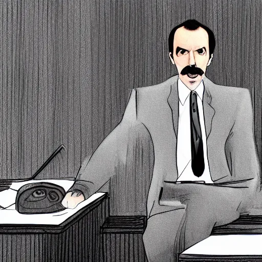 Image similar to Borat sitting in court as a judge. High quality digital art