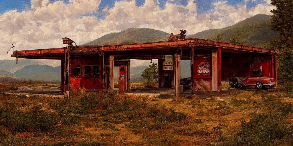 Image similar to an abandoned old rusty American gas station in Colorado mountains, oil painting, highly detailed, artwork, in style of Albert bierstadt