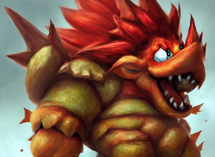 Image similar to detailed concept art of a huge giant bowser by cheng yi and luolin, aartstation, artstationhd, detailed scales, spiky and red hair tuft green scales. bowser, bowser nintendo, koopa, ~ bowser # bowser ( ( mario ) ) bcy. net, realistic. cheng yi, fire breathing. bowser