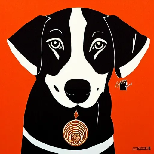 Image similar to <https://s.mj.run/xnm80wAjy-Q> Graphic art of a canine, orange black and whites, geometric style, highly stylized, trending on artstation, shepard fairey