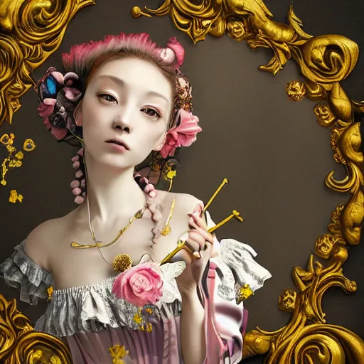 Prompt: 8 k, octane render, realism, tonalism, renaissance, rococo, baroque, portrait of a young - lady wearing long - harajuku manga - dress with flowers!!! and skulls, background - chaotic gold leaf flowers, cotton candy!!!!