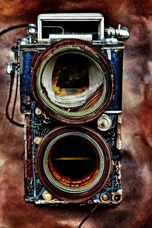 Image similar to A photo of a very old opened camera with film, vacuum tubes, capacitors and coils inside by Annie Lebovitz and Steve McCurry, grungy, weathered Ultra detailed, hyper realistic, 4k