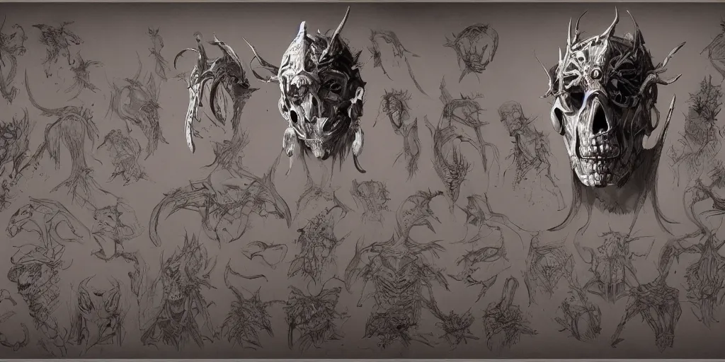 Image similar to bone mask design, character sheet, Moebius, Greg Rutkowski, Zabrocki, Karlkka, Jayison Devadas, Phuoc Quan, trending on Artstation, 8K, ultra wide angle, zenith view, pincushion lens effect.