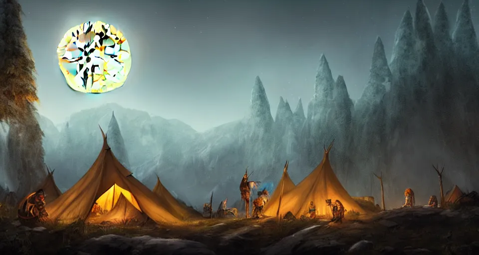 Image similar to an epic fantasy adventurer's camp with a hide tent at night with a full moon, 4 k, extremely detailed. award winning, trending on artstation, 8 k, ultra wide angle