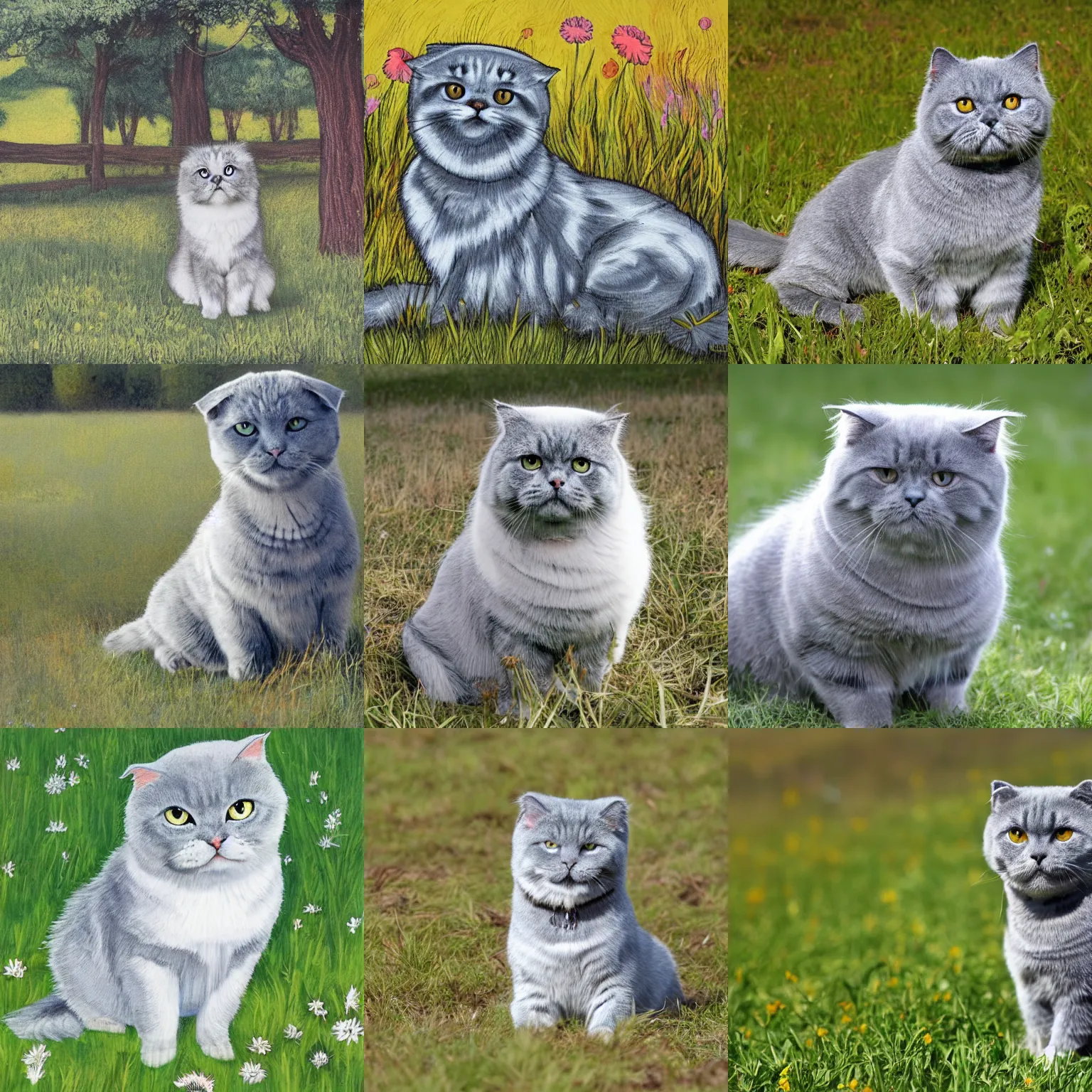 Prompt: a gray scottish fold sitting in the middle of sunny meadow, by don heck