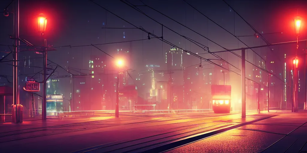 Image similar to tram on viaduct crossing the city at night time ， blade runner 2 0 4 9, 4 k resolution, ultra wide angle, cinematic, octane render