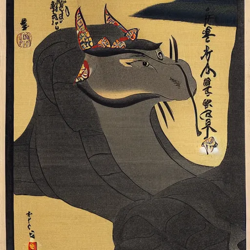 Prompt: a japanese painting of a monstruous sphinx like yokai