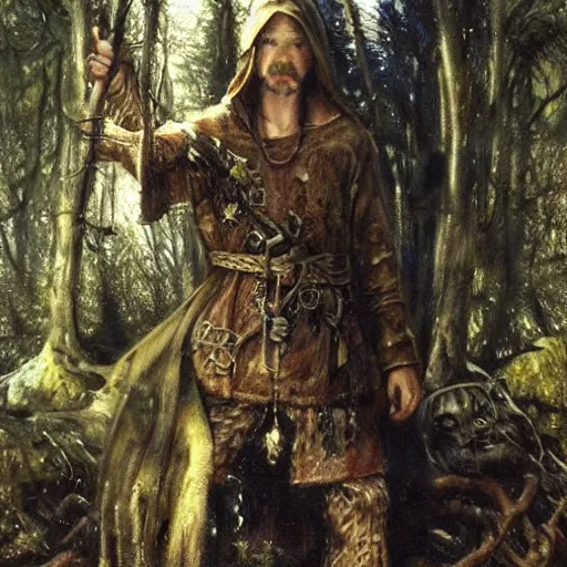 Image similar to slavic dog head man, woolen torso in medieval clothes, hiding in the forest, orthodox saint christopher, art by luis royo, oil painting, painting by viktor vasnetsov, concept art, hyperrealism, beautiful, high resolution, trending on artstation,