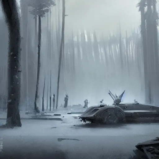 Image similar to star wars concept art by greg rutkowski, a neogothic city in the middle of a snowy forest landscape and near a lake, dark clouds, scarce rays of sunlight, enigmatic atmosphere, artstation hq.