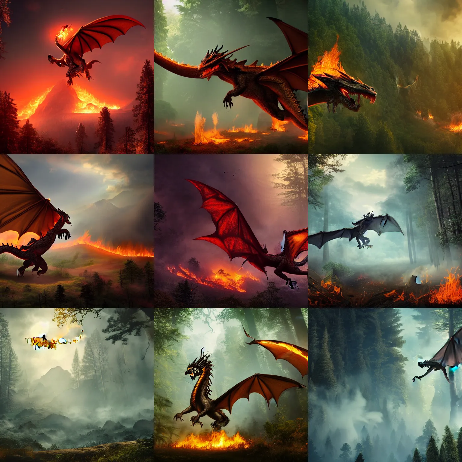 Prompt: A fire-breathing dragon flying above a forest and burning the trees, matte painting with lots of fine detail, cinematic, dramatic, 8k