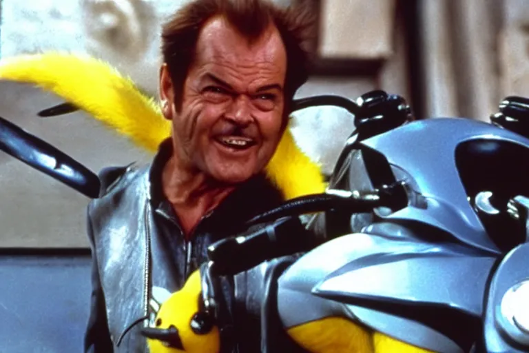 Image similar to Jack Nicholson plays Pikachu Terminator, scene where he rides motorbike