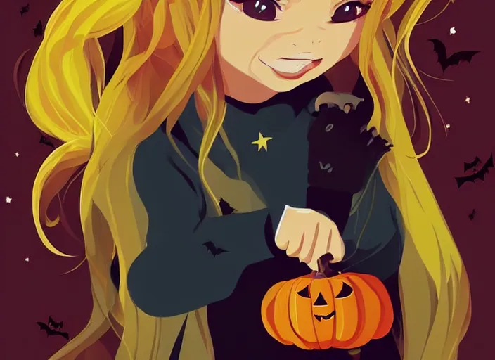 Image similar to little girl with long blonde hair on a halloween card. clean cel shaded vector art. shutterstock. behance hd by lois van baarle, artgerm, helen huang, by makoto shinkai and ilya kuvshinov, rossdraws, illustration, art by ilya kuvshinov