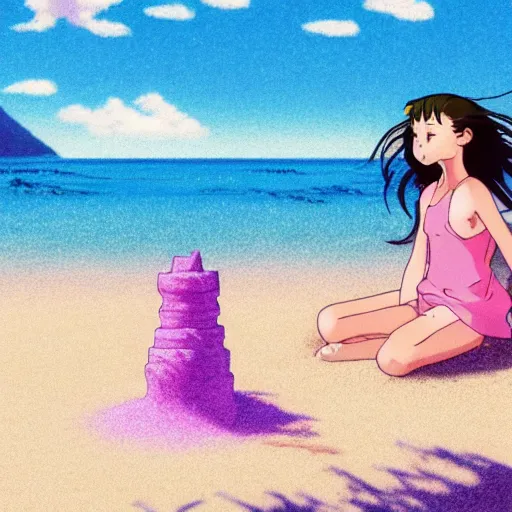 Image similar to girl making a sand castle on the beach, sprite, vaporwave nostalgia, visual novel cg, 8 0 s anime vibe, studio ghibli, sketch by by osamu tezuka, directed by beat takeshi, wallpaper, ultra hd, vlc screenshot