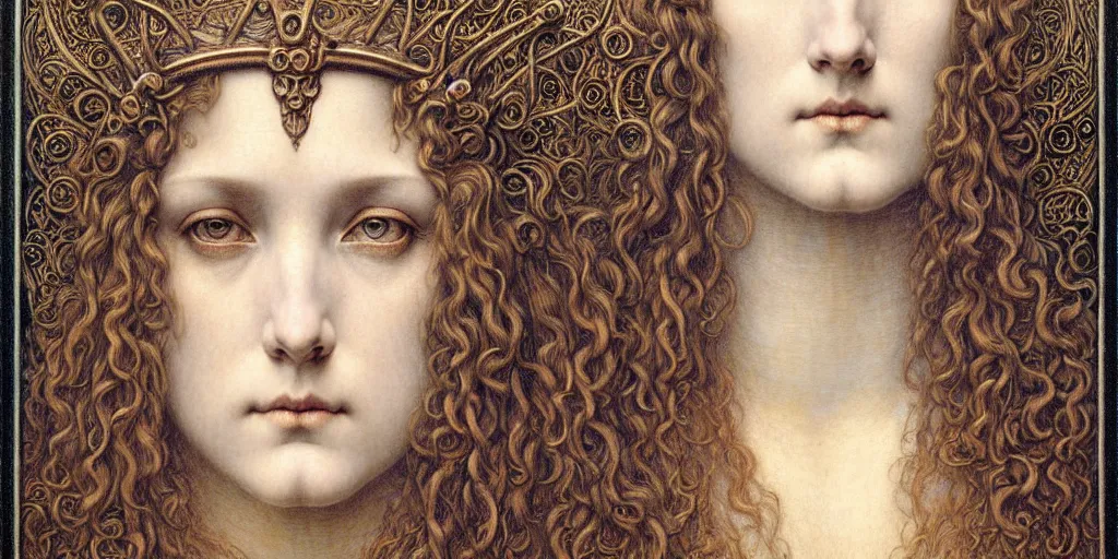 Image similar to detailed realistic beautiful young medieval queen face portrait by jean delville, gustave dore and marco mazzoni, art nouveau, symbolist, visionary, gothic, pre - raphaelite. horizontal symmetry